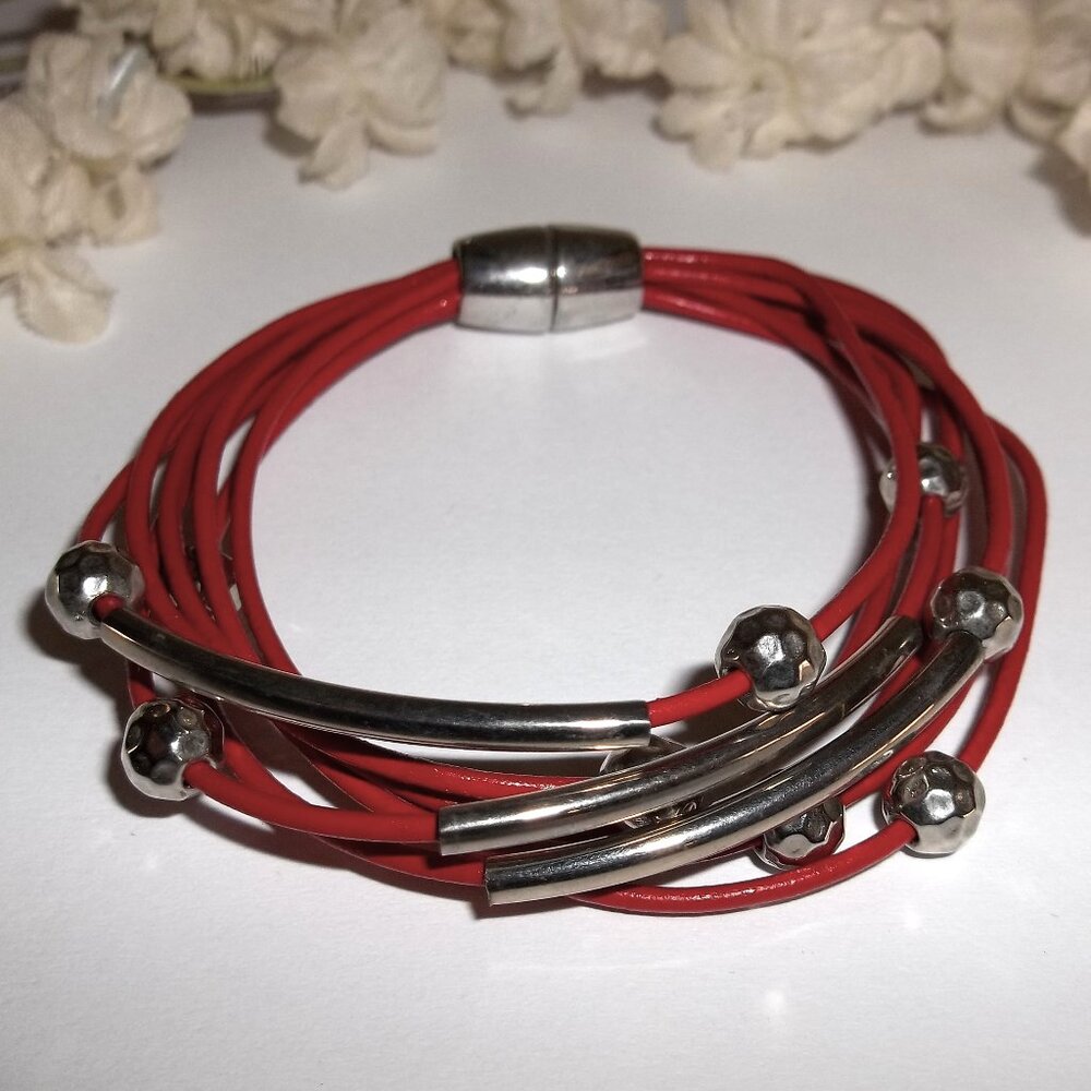 Magnetic Bracelet Red Silver Beaded 7.5" Woman Girl Leather Girl Jewelry D457